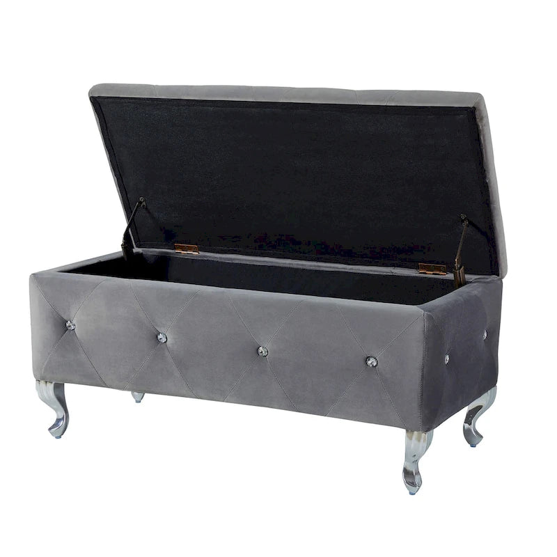 Velvet Tufted Storage Ottoman Bench with Crystal Buttons & Metal Legs