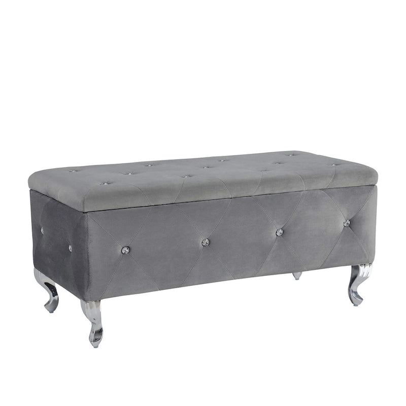 Velvet Tufted Storage Ottoman Bench with Crystal Buttons & Metal Legs