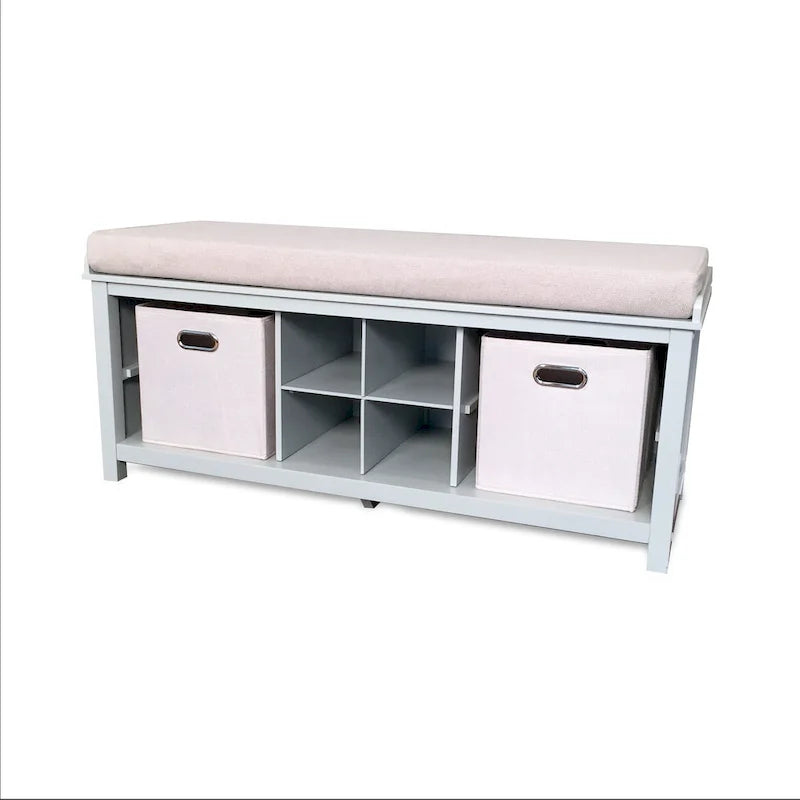 Solid Wood Entryway Bench with Cubbies, Shoe Divider & Cushion