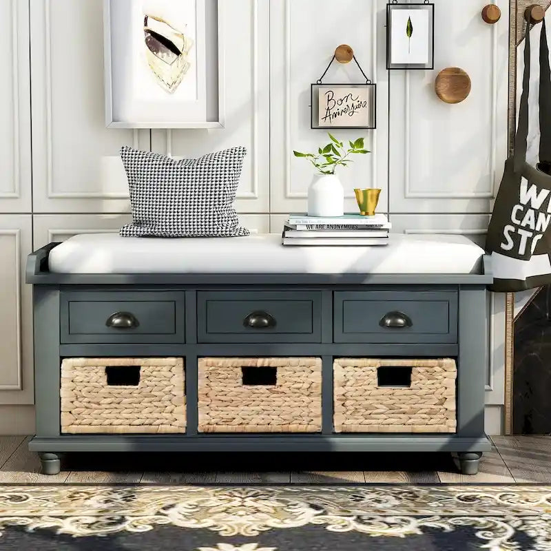 Rustic Storage Bench with 3 Drawers & 3 Removable Woven Baskets
