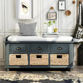 Rustic Storage Bench with 3 Drawers & 3 Removable Woven Baskets