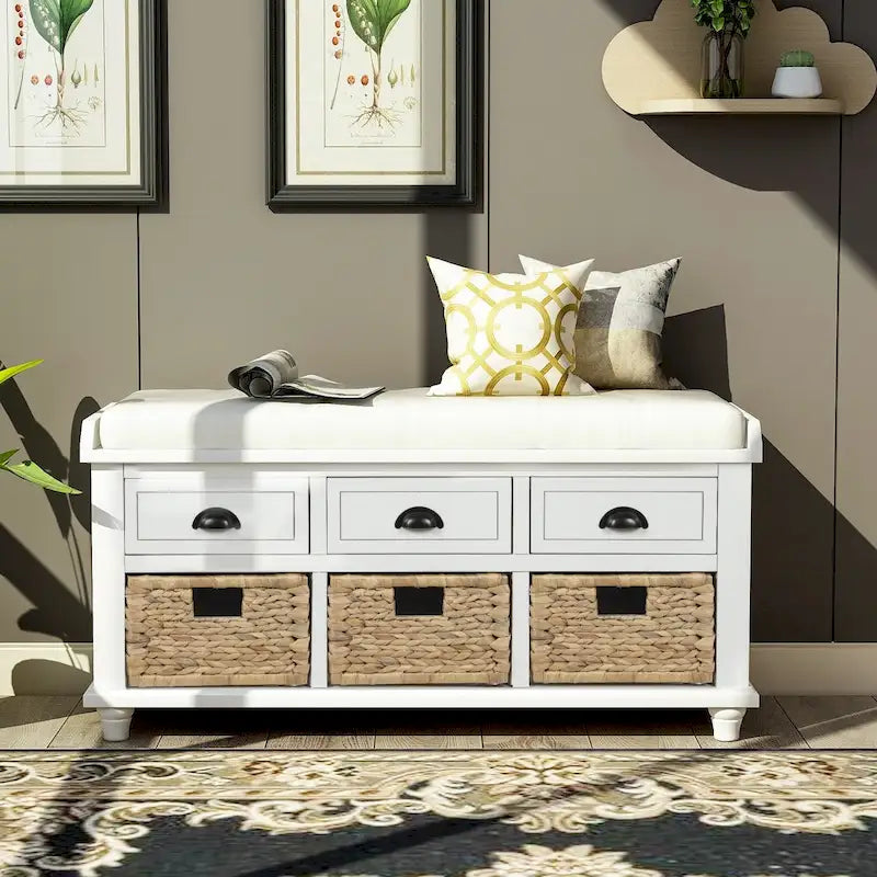 Rustic Storage Bench with 3 Drawers & 3 Removable Woven Baskets