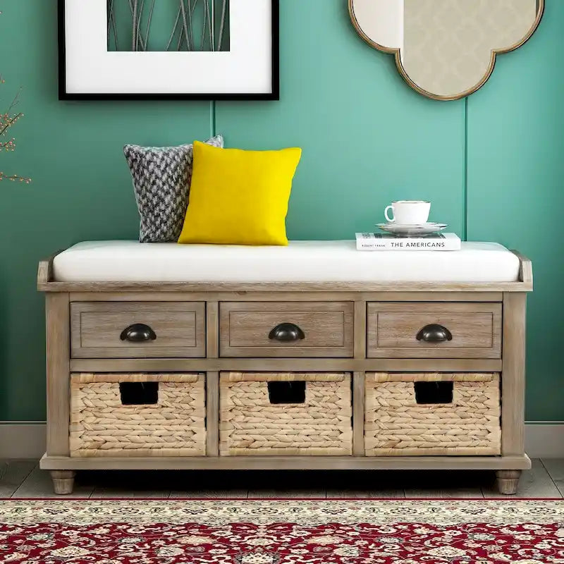 Rustic Storage Bench with 3 Drawers & 3 Removable Woven Baskets