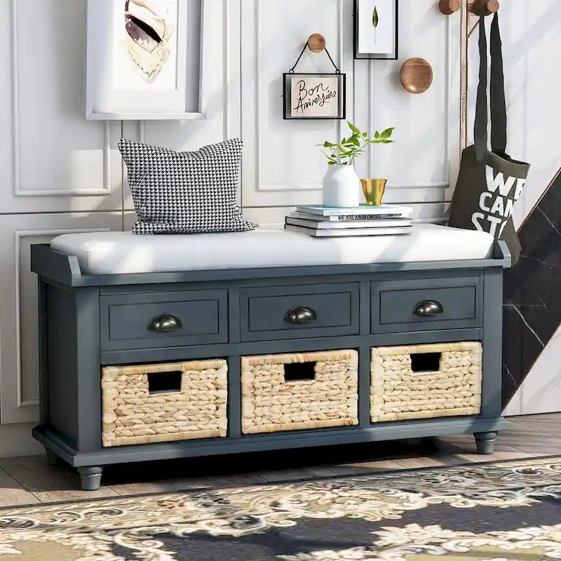 Rustic Storage Bench with 3 Drawers & 3 Removable Woven Baskets