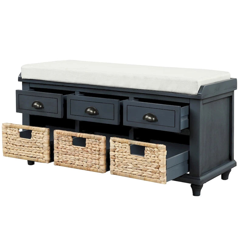Rustic Storage Bench with 3 Drawers & 3 Removable Woven Baskets