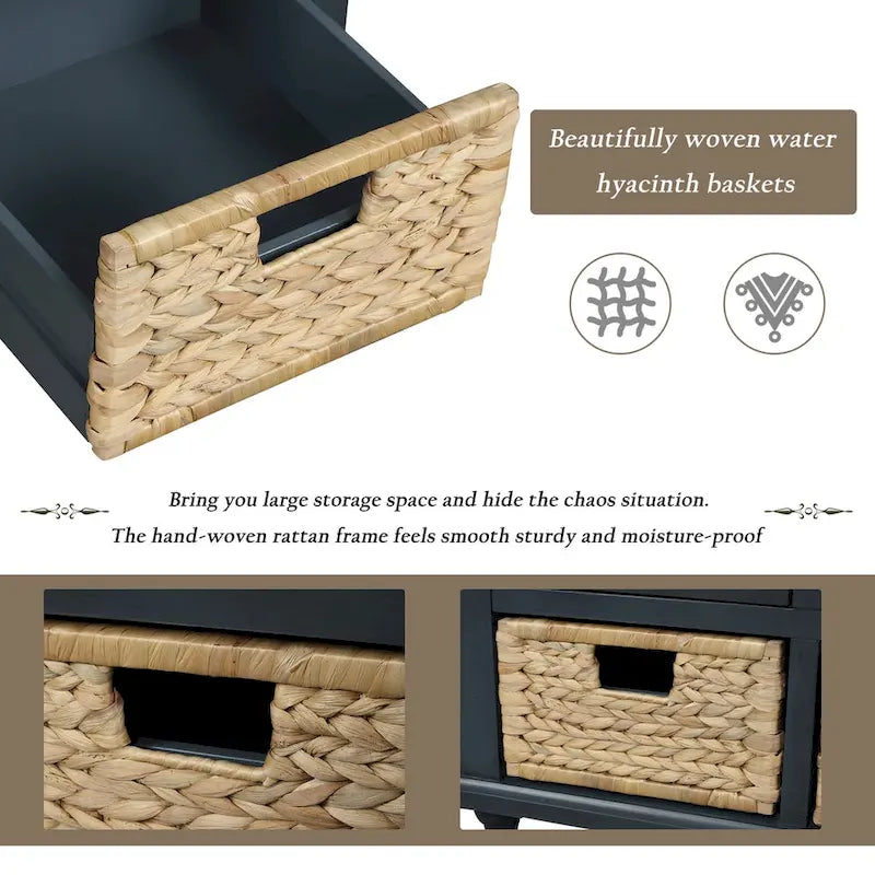 Rustic Storage Bench with 3 Drawers & 3 Removable Woven Baskets
