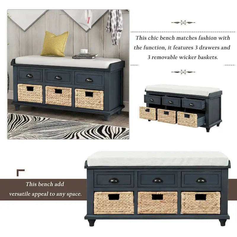 Rustic Storage Bench with 3 Drawers & 3 Removable Woven Baskets