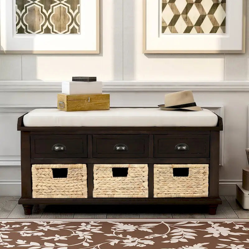 Rustic Storage Bench with 3 Drawers & 3 Removable Woven Baskets