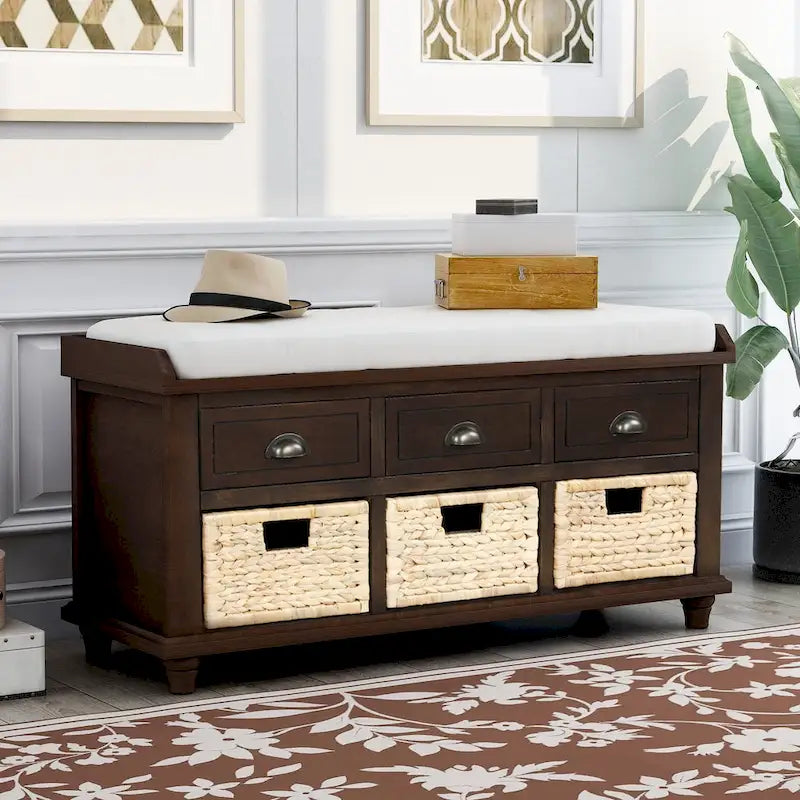 Rustic Storage Bench with 3 Drawers & 3 Removable Woven Baskets