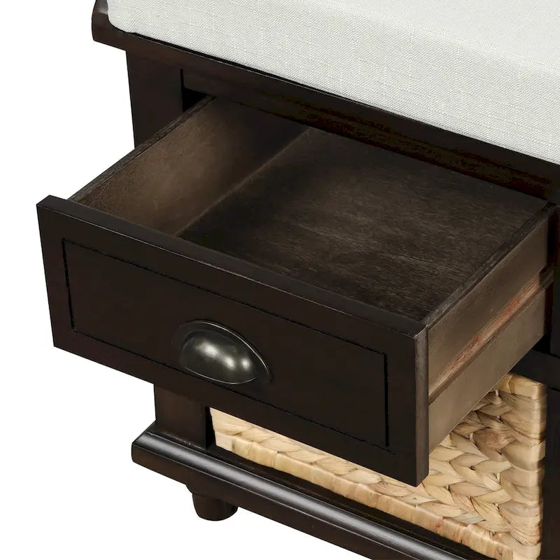 Rustic Storage Bench with 3 Drawers & 3 Removable Woven Baskets