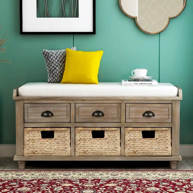 Rustic Storage Bench with 3 Drawers & 3 Removable Woven Baskets