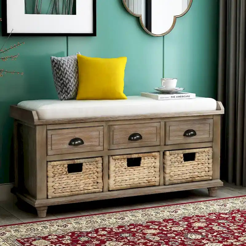 Rustic Storage Bench with 3 Drawers & 3 Removable Woven Baskets