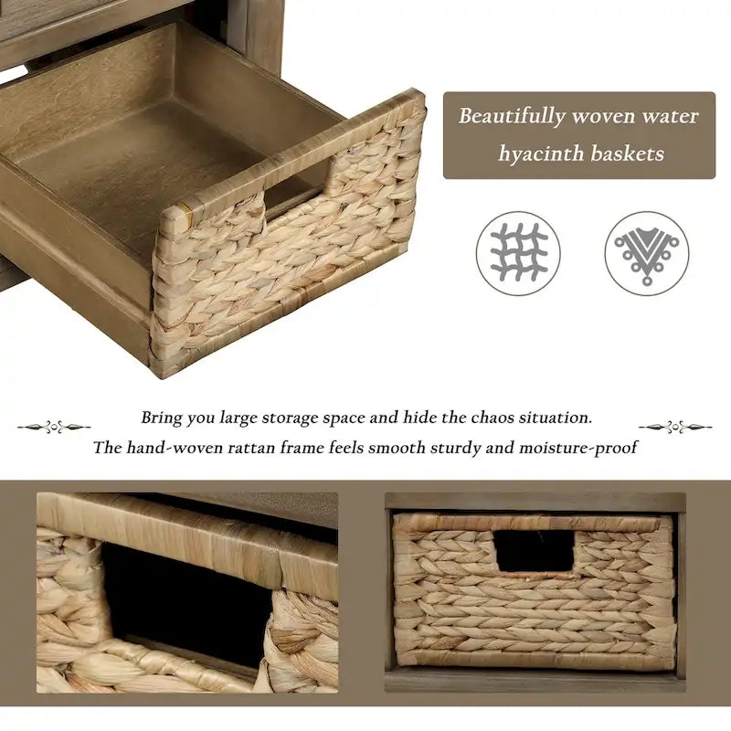 Rustic Storage Bench with 3 Drawers & 3 Removable Woven Baskets