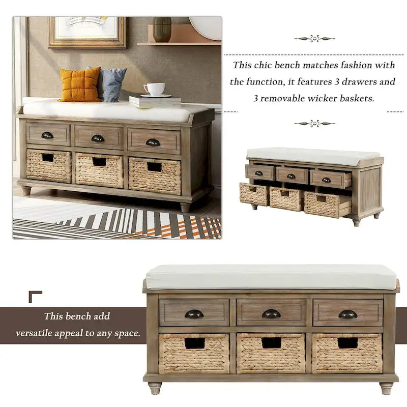 Rustic Storage Bench with 3 Drawers & 3 Removable Woven Baskets