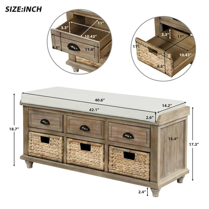 Rustic Storage Bench with 3 Drawers & 3 Removable Woven Baskets