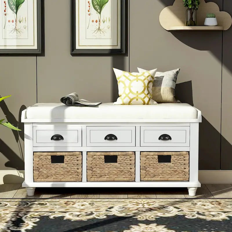 Rustic Storage Bench with 3 Drawers & 3 Removable Woven Baskets
