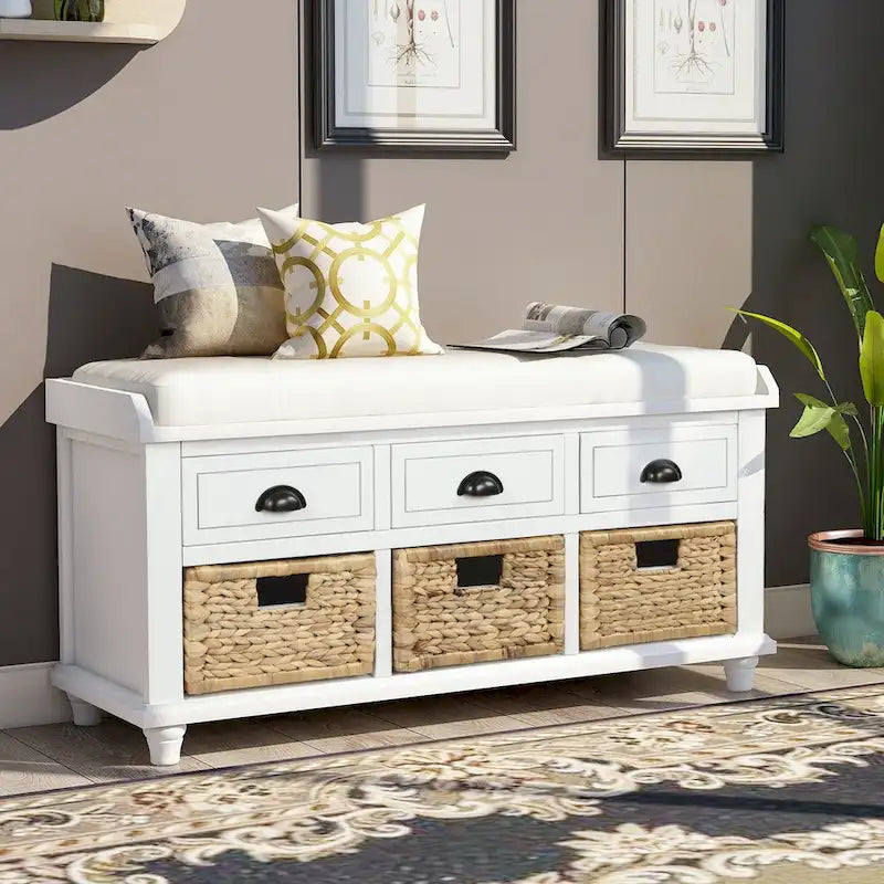 Rustic Storage Bench with 3 Drawers & 3 Removable Woven Baskets