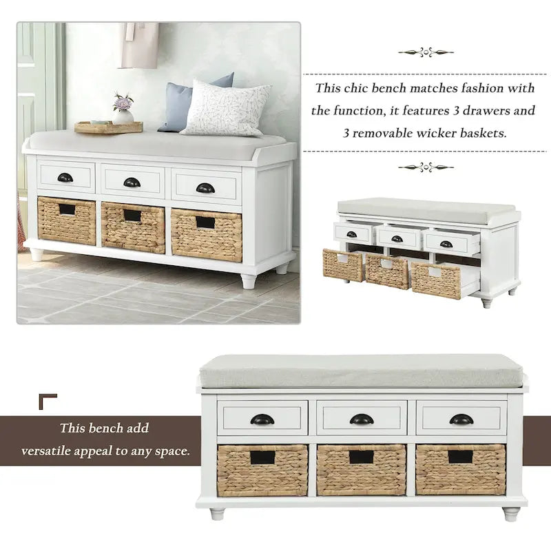 Rustic Storage Bench with 3 Drawers & 3 Removable Woven Baskets