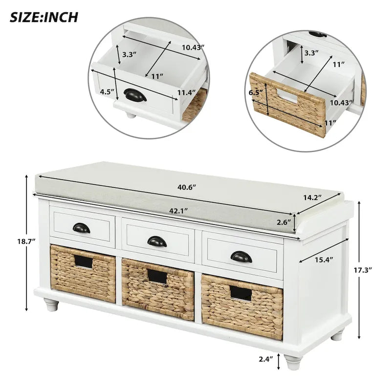 Rustic Storage Bench with 3 Drawers & 3 Removable Woven Baskets