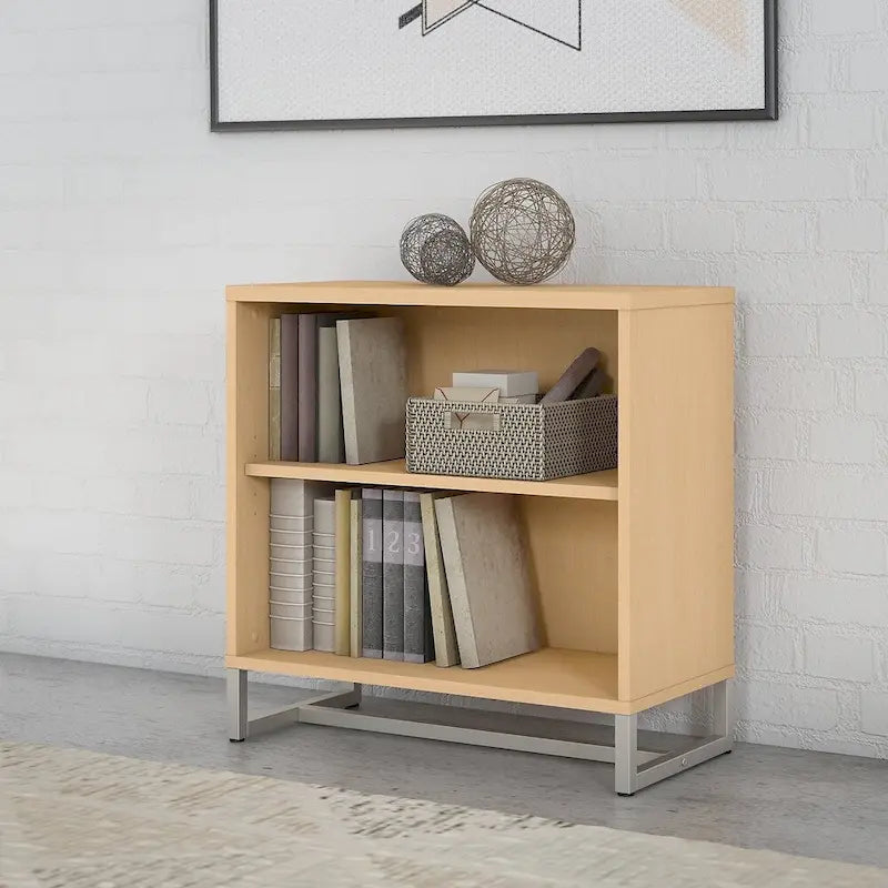 Mid-Century Modern 2-Shelf Bookcase Cabinet with Metal Base