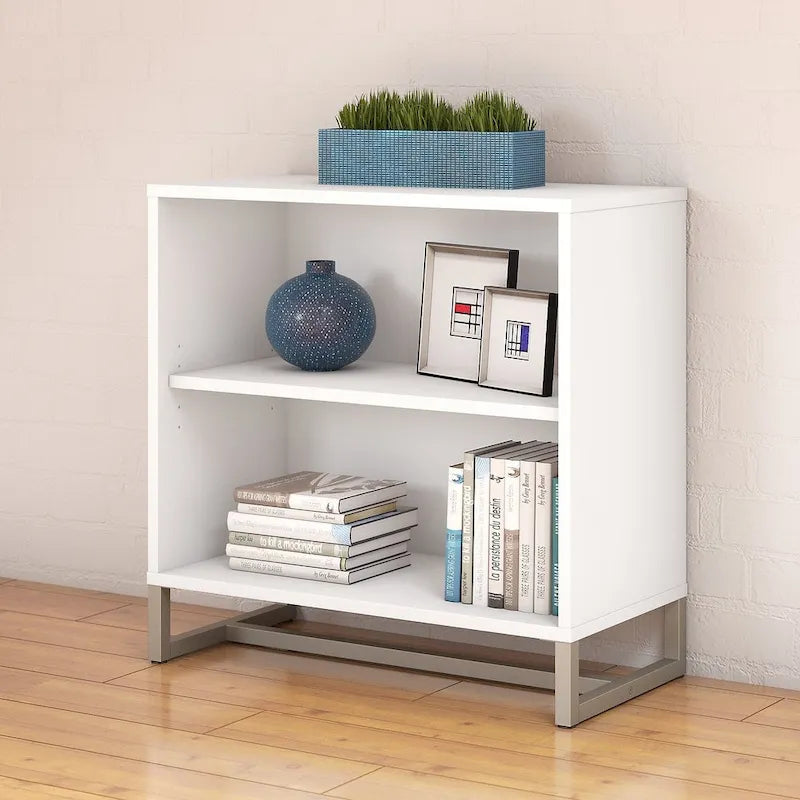 Mid-Century Modern 2-Shelf Bookcase Cabinet with Metal Base