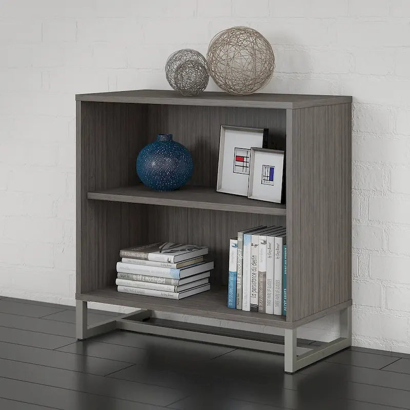 Mid-Century Modern 2-Shelf Bookcase Cabinet with Metal Base