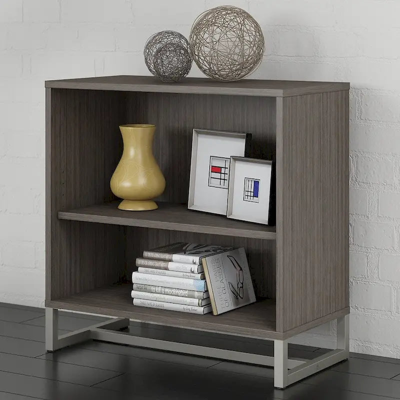 Mid-Century Modern 2-Shelf Bookcase Cabinet with Metal Base