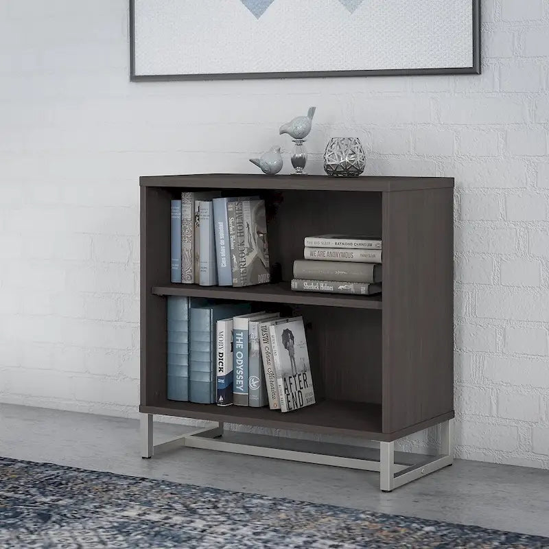 Mid-Century Modern 2-Shelf Bookcase Cabinet with Metal Base