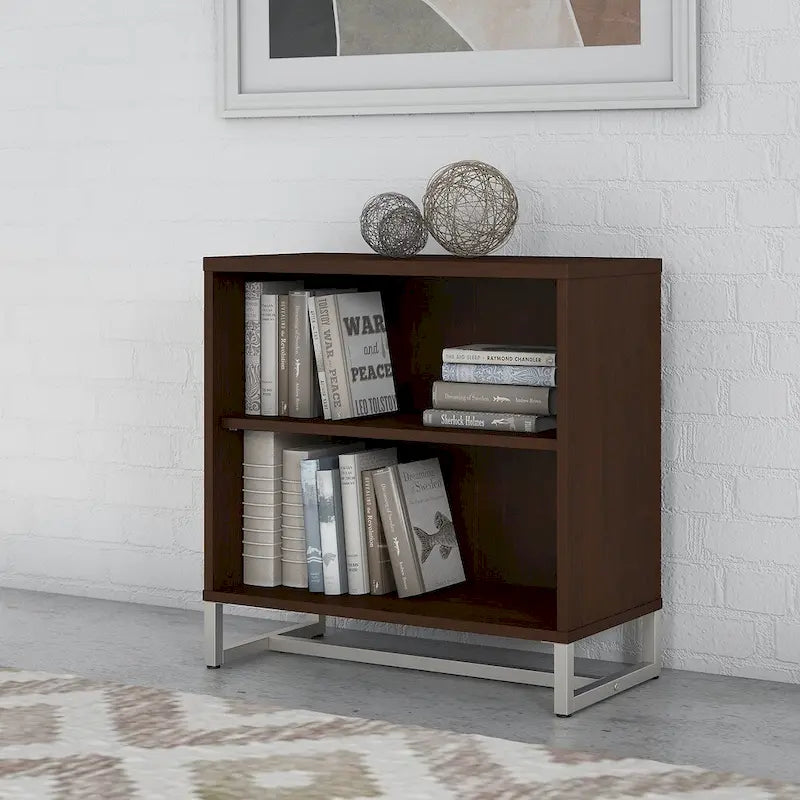 Mid-Century Modern 2-Shelf Bookcase Cabinet with Metal Base