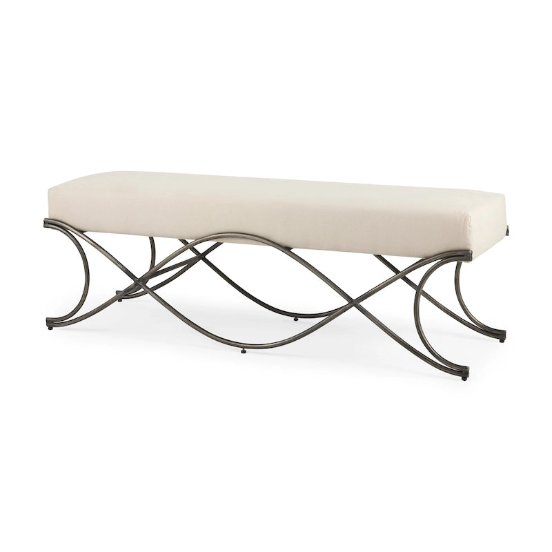 Upholstered Entryway Bench with Cross Metal Legs — Fabric Seat, Gold Frame
