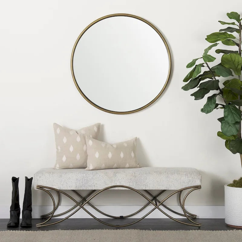 Upholstered Entryway Bench with Cross Metal Legs — Fabric Seat, Gold Frame