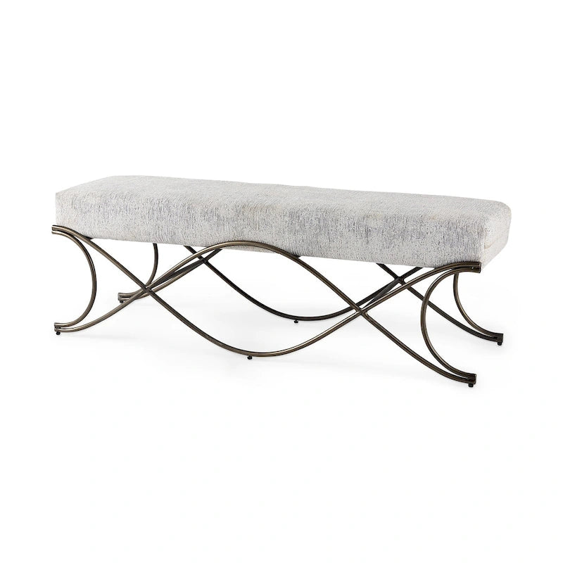 Upholstered Entryway Bench with Cross Metal Legs — Fabric Seat, Gold Frame