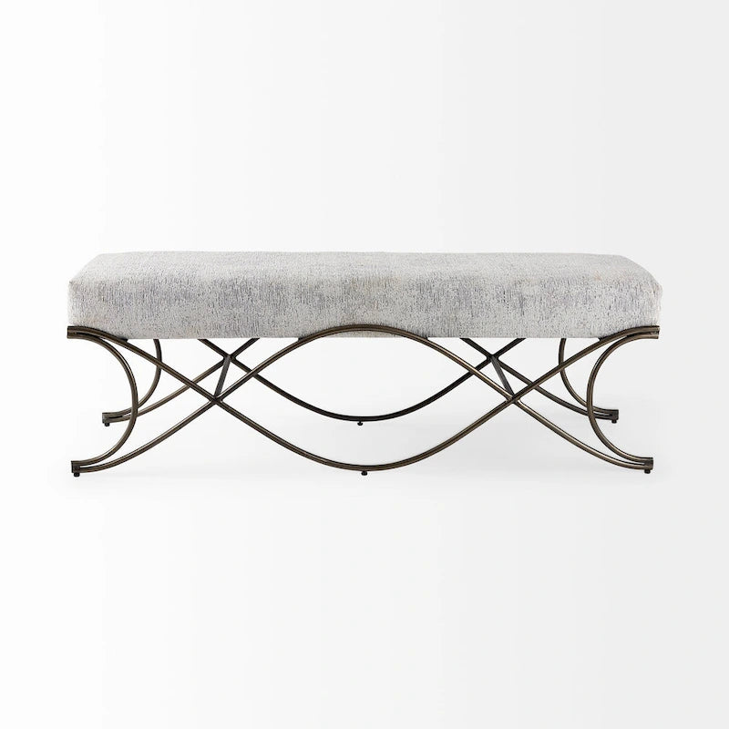 Upholstered Entryway Bench with Cross Metal Legs — Fabric Seat, Gold Frame