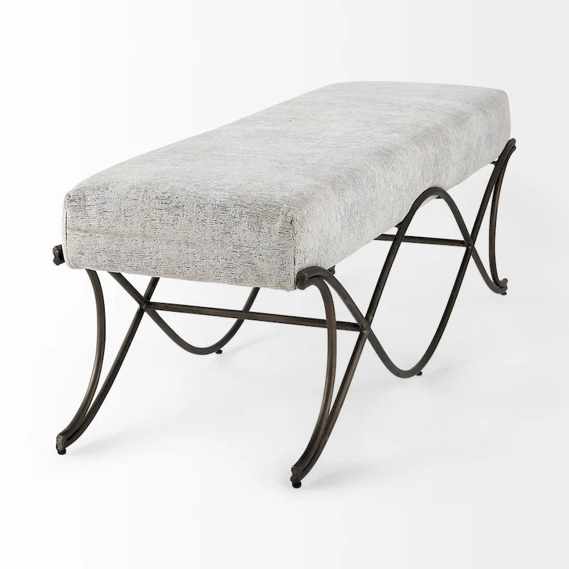 Upholstered Entryway Bench with Cross Metal Legs — Fabric Seat, Gold Frame
