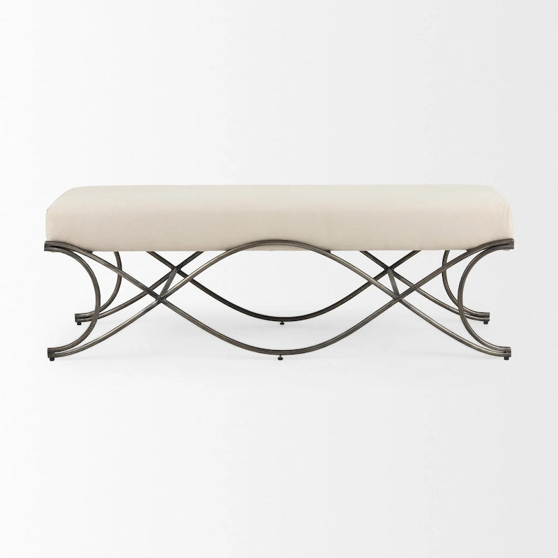 Upholstered Entryway Bench with Cross Metal Legs — Fabric Seat, Gold Frame