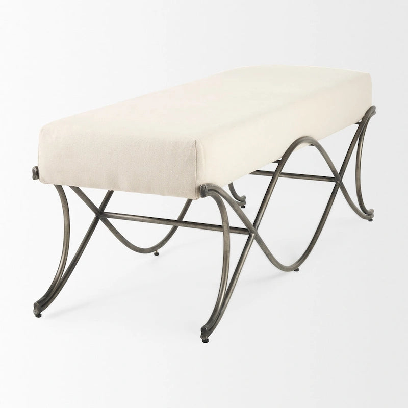 Upholstered Entryway Bench with Cross Metal Legs — Fabric Seat, Gold Frame