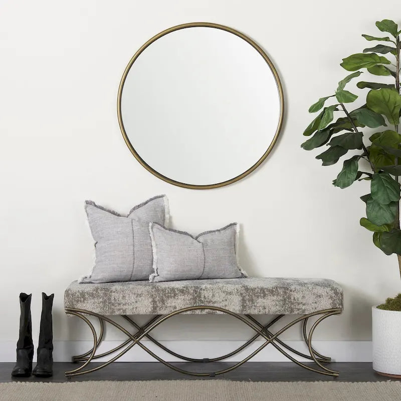 Upholstered Entryway Bench with Cross Metal Legs — Fabric Seat, Gold Frame