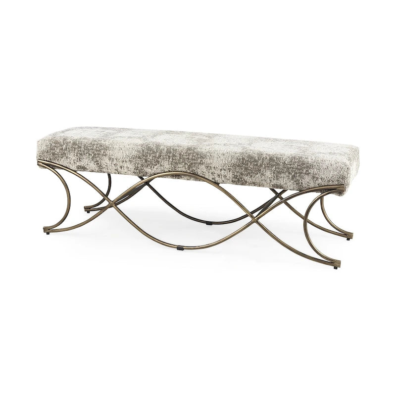 Upholstered Entryway Bench with Cross Metal Legs — Fabric Seat, Gold Frame