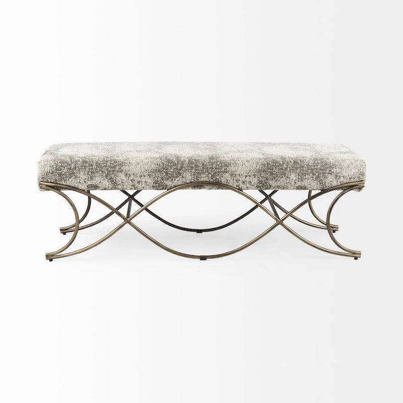 Upholstered Entryway Bench with Cross Metal Legs — Fabric Seat, Gold Frame