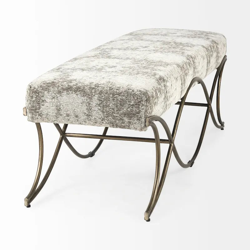 Upholstered Entryway Bench with Cross Metal Legs — Fabric Seat, Gold Frame