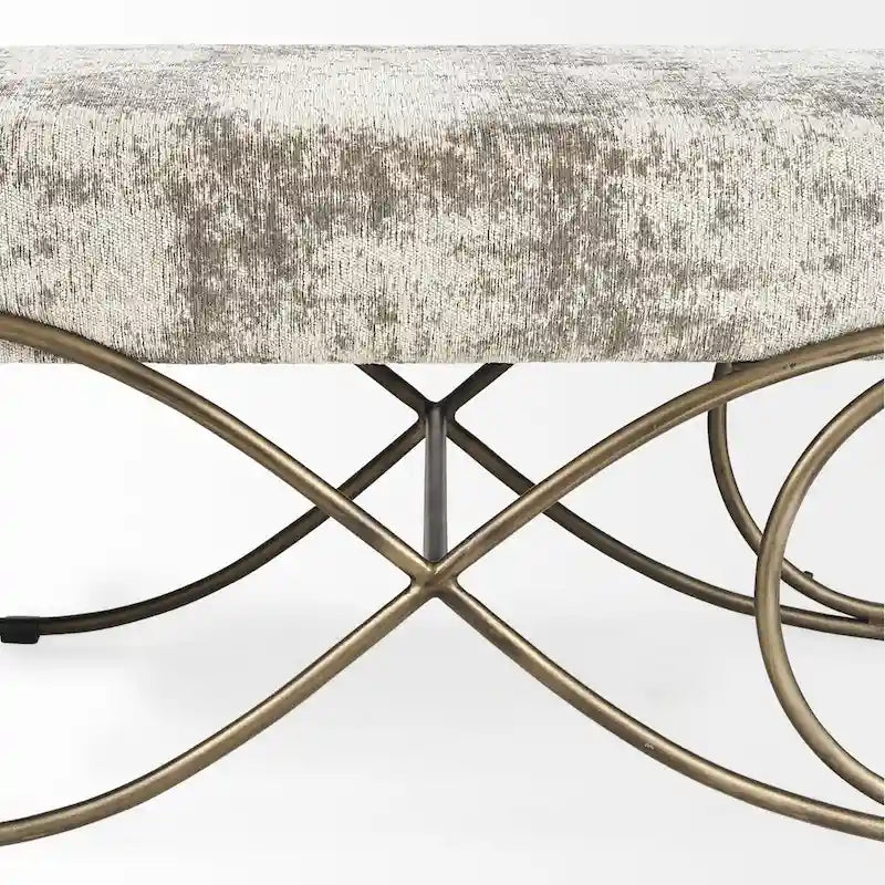 Upholstered Entryway Bench with Cross Metal Legs — Fabric Seat, Gold Frame