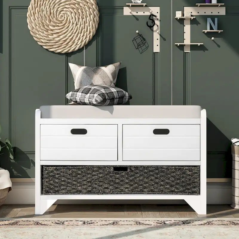 Upholstered Storage Bench with 2 Drawers & Removable Basket