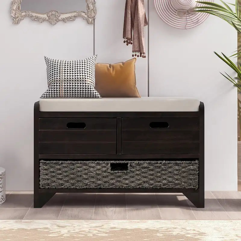 Upholstered Storage Bench with 2 Drawers & Removable Basket