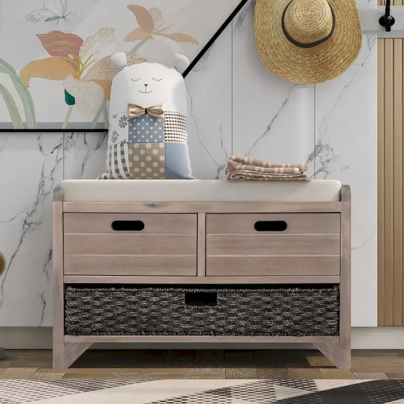 Upholstered Storage Bench with 2 Drawers & Removable Basket