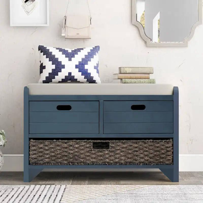 Upholstered Storage Bench with 2 Drawers & Removable Basket