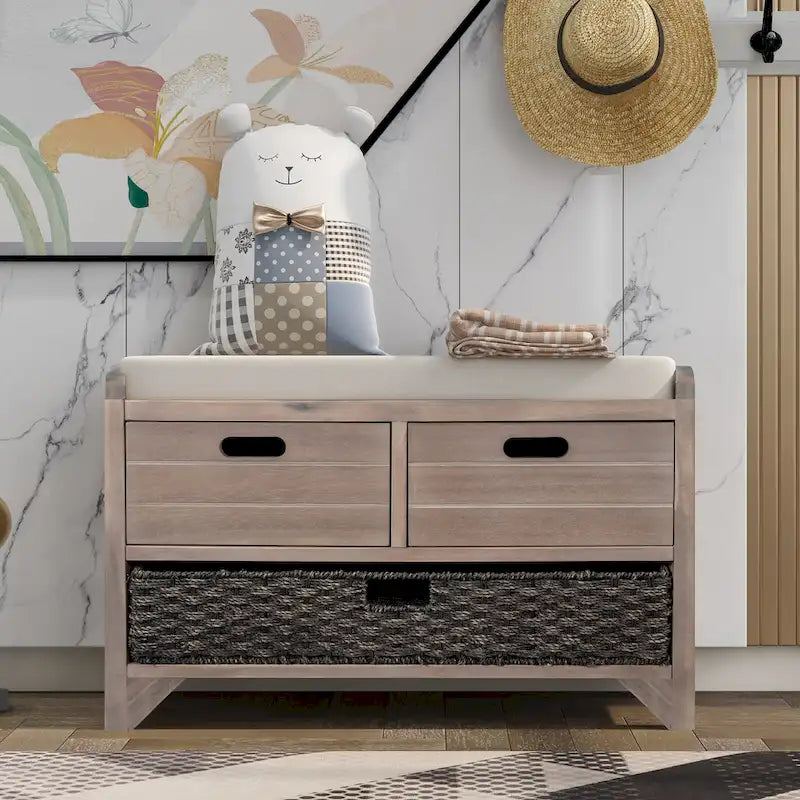 Upholstered Storage Bench with 2 Drawers & Removable Basket
