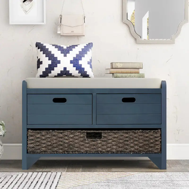Upholstered Storage Bench with 2 Drawers & Removable Basket