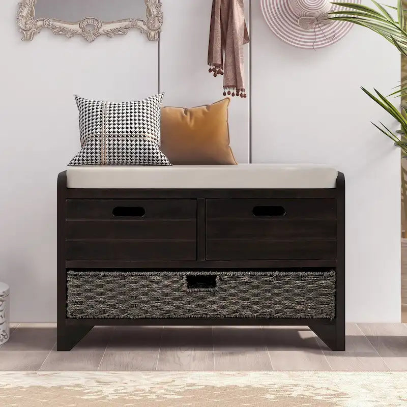 Upholstered Storage Bench with 2 Drawers & Removable Basket