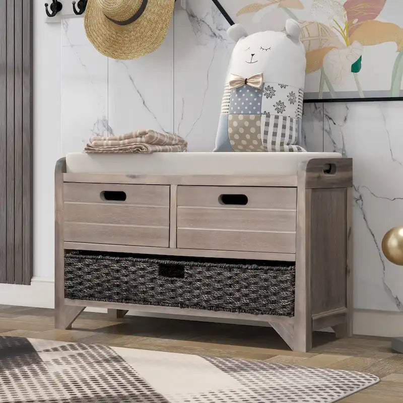 Upholstered Storage Bench with 2 Drawers & Removable Basket