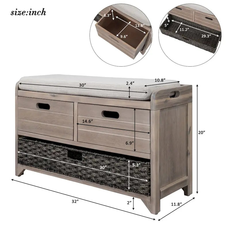 Upholstered Storage Bench with 2 Drawers & Removable Basket